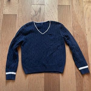CHAPS Navy Blue V-Neck Sweater with White Trim